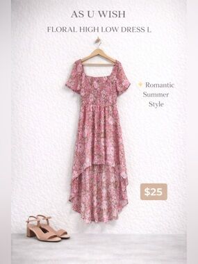 As U Wish Pink Floral Chiffon High Low Dress Size L EUC
